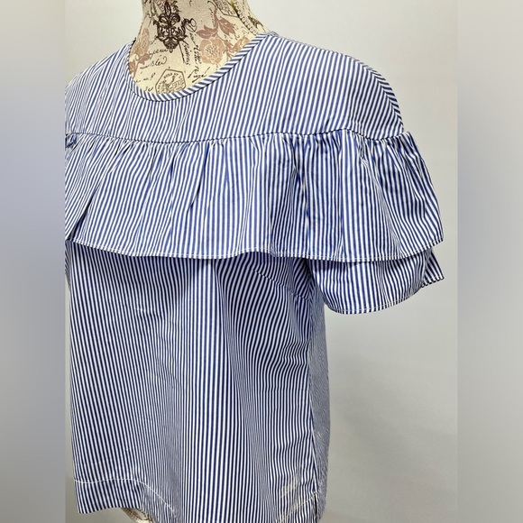 J CREW Blue and white micro stripe ruffle top blouse size 8. - Picture 3 of 12